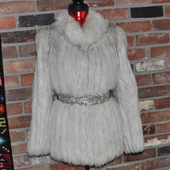 Saga NORWEGIN BLUE WHITE ARCTIC FOX FUR Grey Suede Jacket Car Coat 10 M - Picture 1 of 12